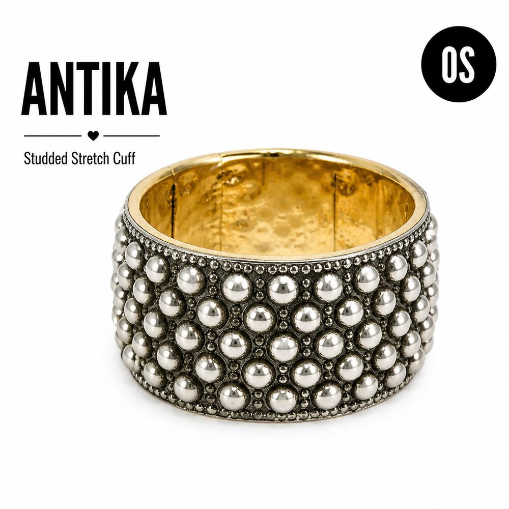Antika Silver Studded Stretch Bracelet Wide Cuff Gold Tone Interior